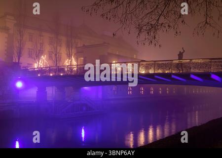 Ljubljana, Slowenien - 16. Januar 2022: Statue auf der Metzgerbrücke über dem Fluss Ljubljanica in einer nebeligen Winternacht in Ljubljana, Slowenien. Stockfoto