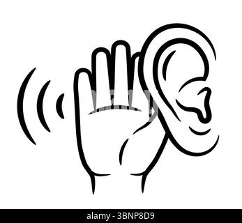 Gehör, Taubheit, Hörgeräusch Hand in der Nähe des Kopfes halten, Klang Sinneswahrnehmung Organ Gesundheitsproblem. Symbol für die Gestenlinie für das Zuhören von Gesprächen Stock Vektor