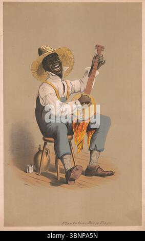 Plantage Banjo Player. Lithografie, Farbe. 1875. Vintage-Illustration eines Afroamerikaners, der Banjo spielt, verkleidet als Landarbeiter. Stockfoto