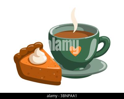 Herbstillustration mit heißem Getränk in Tasse und Kürbiskuchenscheibe. Saisonales Fallobjekt. Illustration des Zeichentrickvektors Stock Vektor