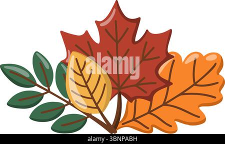 Herbstherbariumillustration mit Ahorn, Eiche und gelben Blättern. Herbstsaison Wald. Cartoonvektor auf weißem Hintergrund. Stock Vektor