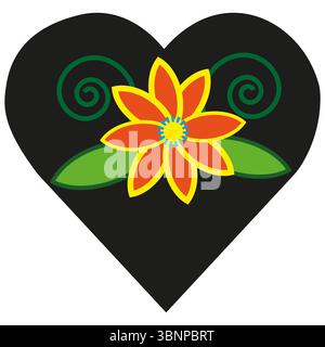 Orangefarbene und gelbe Blütenblätter. Grüne Blätter unten. Schwarzer Herzbehälter. Spiralförmige grüne Akzente. Stock Vektor