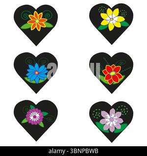 Sechs bunte Blumensymbole. Hintergrund des schwarzen Herzens. Buntes Blumendesign. Dekorative Spiralmuster. Stock Vektor