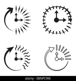 Pfeilsymbole durchlaufen. Uhrbewegung eingestellt. Zeitschleifenvektor. Symbole mit minimalem Kontrast. Stock Vektor