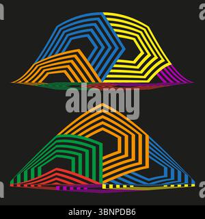 Symbol für isometrische Streifen. Doppelpyramidentäuschung. Neon-Gradientenvektor. Dunkelfeldkontrast. Stock Vektor