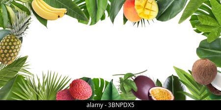Rahmen aus frischen tropischen Früchten und grünen Blättern auf weißem Hintergrund Stockfoto