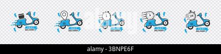 „Symbole für schnelle Lieferung des Rollers – Symbole für Ort und Uhrzeit der Lieferung“ Stock Vektor