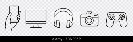 „Tech Icons – Telefon, Computer, Kopfhörer, Kamera, Game Controller“ Stock Vektor