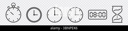 Eingestellte Zeitsymbole: Stoppuhr, Uhr, Timer und Sanduhr Stock Vektor
