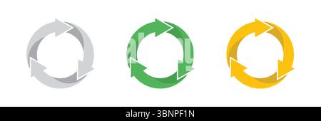 „Bunte Recyclingpfeile – grüne, gelbe und graue kreisförmige Symbole“ Stock Vektor