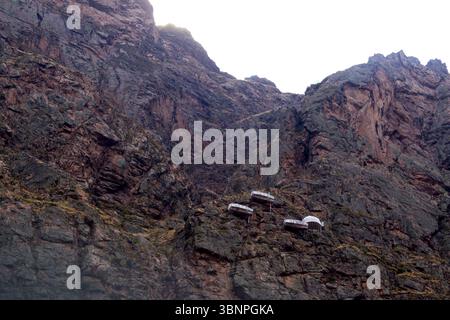 Fahrt über den Urubamba River Trail, mit dem Zug, von Cusco nach Machu Picchu, Perú Stockfoto