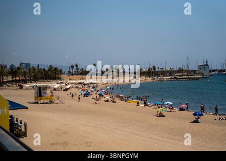 Barcelona, Spanien. Juli 2025. Ein überfüllter Strand in Barcelona, wo die Menschen versuchen, mit der intensiven Hitze fertig zu werden. Quelle: SOPA Images Limited/Alamy Live News Stockfoto