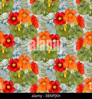 Ein lebendiges und farbenfrohes Blumenmuster mit lebendigen Kapuzinerkressen und üppigen grünen Blättern, die alle bewundern können. Hand gezeichnetes nahtloses Muster auf grauem Aquarellhintergrund zum Drucken auf Stoff und Papier. Stockfoto