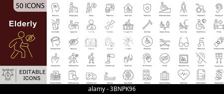 Ältere Pflegelinien-Symbole: Seniorengesundheit, Assistenz und Alterung unterstützende Vektoren Stock Vektor
