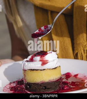 Stillleben, Dessert mit Schokoladen-Vanilleschicht, weißer Creme und Kirschmarmelade Stockfoto