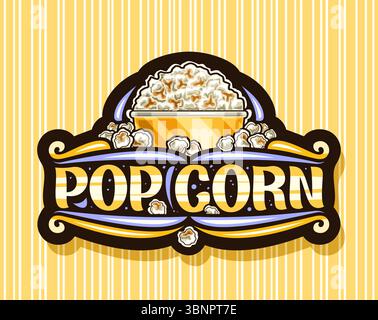 Vektor-Logo für Pop Corn, dunkles dekoratives Schild mit Umrissillustration von gesalzenem Popcorn in großer Kartonschale, horizontales Poster mit einzigartigem l Stock Vektor