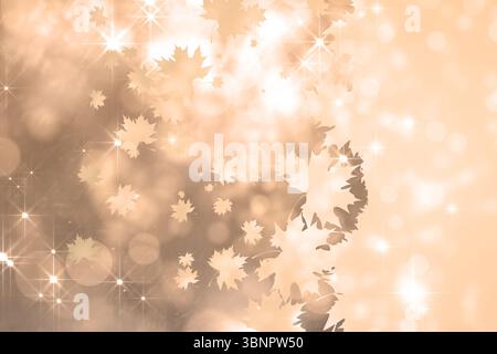 Abstrakte flache Kunst mit Ahornblättern, die in warmen Farbverlauf mit Bokeh-Funkeln abdriften Stockfoto
