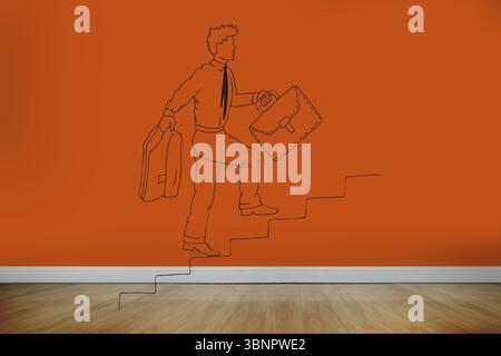 Liniengezeichneter Geschäftsmann, der Treppen auf orangefarbener Wand mit flacher Illustration klettert und zwei Aktentaschen trägt Stockfoto