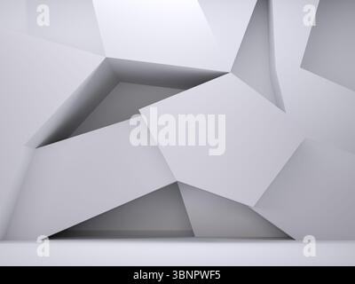 Das abstrakte 3D-Rendering zeigt ineinander greifende weiße eckige Panels, die auf die reflektierende Bodenebene treffen Stockfoto