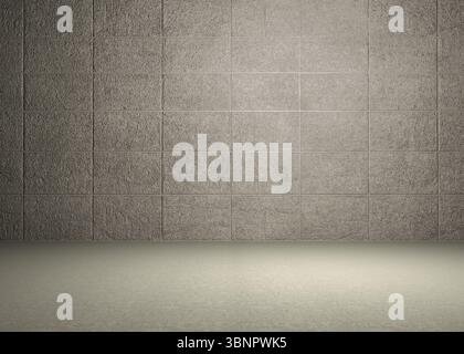 Minimalistischer 3D-Renderraum mit strukturierten grauen Fliesen und sanftem Licht auf glatten Boden Stockfoto