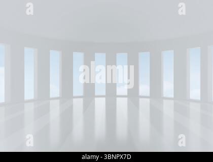 Mit leerem, geschwungenem Saal mit Säulen, Bodenreflexen und hohen Fenstern in flachem Design Stockfoto