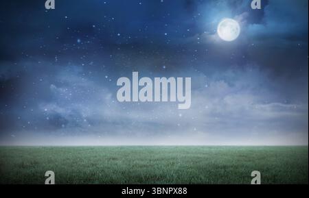 Vollmond, der über dem grasbewachsenen Feld unter dem Sternenhimmel in flachem Design mit schimmernden Wolken leuchtet Stockfoto