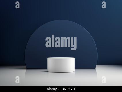 Modernes 3D-Modell eines weißen zylindrischen Podiums auf einem reflektierenden Boden mit einem dunkelblauen Halbkreisbogen, perfekt für die Präsentation von Luxusprodukten i Stock Vektor