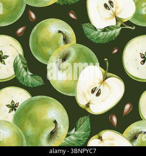 Wunderschöner nahtloser Hintergrund mit handgemalten grünen Äpfeln. Botanische Illustration mit Reifen Früchten auf dunkelgrünem Hintergrund. A Stockfoto