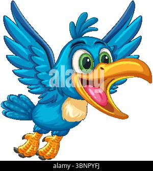 Lebendige Vektor-Illustration eines fröhlichen blauen Nashornvogels mit übertriebenen Features, mit dynamischen Farben und verspieltem Ausdruck Stock Vektor