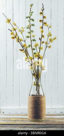 Bouquet von blühenden Zweigen aus Weide und Dogwood in einer Vase auf dem Tisch auf weißem Holzgrund Stockfoto