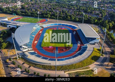 Perry Barr, Birmingham, Großbritannien. Juli 2025. Allgemeine Luftaufnahme des Alexander-Stadions in Perry Barr in Birmingham, Großbritannien. Es ist das größte Leichtathletikstadion im Vereinigten Königreich und verfügt über vier Tribünen mit einer Gesamtkapazität von 000 Sitzplätzen. Am Samstag, den 2. Und Sonntag, den 3. August 2025, findet die Novuna UK Leichtathletik-Meisterschaft statt. Bildnachweis: Graham Hunt/Alamy Live News Stockfoto
