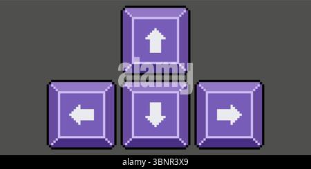 Pfeiltasten der Pixel Art-Tastatur. Tastaturspieltasten Vektorsymbol für 8-Bit-Spiel auf dunklem Hintergrund Stock Vektor