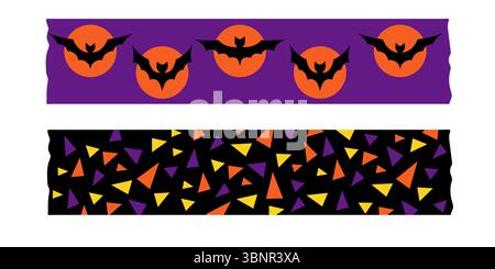 Set aus niedlichen Halloween Abdeckband Streifen in lila Orange und Schwarz mit gruseligen Elementen wie Fledermäusen Spinnen und Kürbissen. Vektorränder für Kunsthandwerke Stock Vektor