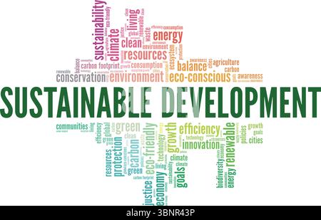 Sustainable Development Word Cloud Konzeptdesign isoliert auf weißem Hintergrund. Stock Vektor