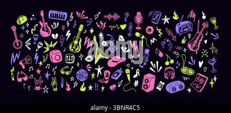 Set aus Neonsäure Hand gezeichnetem Doodle Dance Club, Karaoke, Rave Party, Rock und Punk Konzert Ikonen. Hintergrund im Retro-Stil der 90er Jahre. Skurril funky sti Stock Vektor