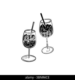 Zwei aperol Spritz Hand gezeichnete Vektor-Illustration. Sommer-Zitrus-Cocktail-Glas-Skizzen-Doodle-Zeichnung. Sommerdrink an der Strandbar. Italienischer Urlaub Alkohol Stock Vektor