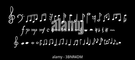 Handgezeichnetes Set mit niedlichen Linien und Notenzeichen. Buntstift Scribble Hintergrund. Vektorgrafik für Handschrift. Melodiesymbole. Rückwärts Stock Vektor