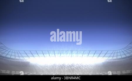 Flache Flutlichter und Dachstützen strahlen über die Ständer unter geneigtem Himmel Stockfoto