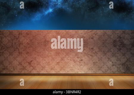 Flaches Design mit verwitterter Putzwand über Holzdielen, Sternenhimmel und Kopierraum Stockfoto