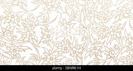 Nahtloses Muster Blumen und Blätter elegantes Blumenschmuck mit Wirbeln und goldenen Akzenten isolierte weiße Hintergründe für Stoff, Textil, Cover, Wickel Stock Vektor