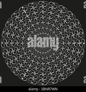 Radialmandala-Ornament. Weiße kreisförmige Linien. Symmetrische Vektorrosette. Komplizierte dunkle Scheibe. Stock Vektor