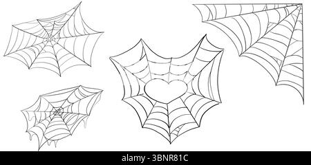 Spinnennetze und Zeichentrickspinnweben für Halloween-Design. Vektor-Illustration von hängenden Spinnennetzen, ideal für dunkle gruselige Banner, Dekorationen oder gruselige Partyhintergründe. Vektorabbildung Stock Vektor