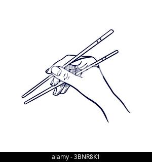 Die Stäbchen mit der Hand halten. Asiatische Kulturtraditionen. Handgezeichnete Vektorgrafik. Strichgrafik. Für chinesisches, japanisches Restaurant-Menü-Design, Banner, po Stock Vektor
