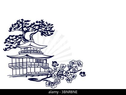 Sakura Zweig, japanische Kiefer und Haus. Silhouetten traditioneller Symbole in grafischem Schwarz-weiß-Stil. Handgezeichnete Vektorgrafik. Postkarten Stock Vektor