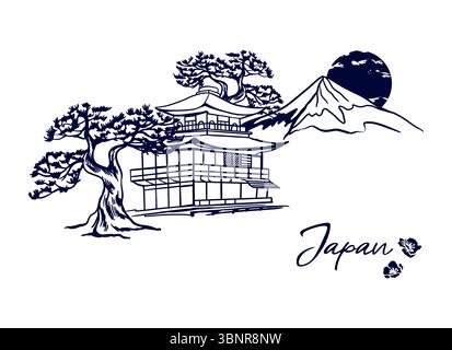 Sakura-Zweig, japanische Kiefer, Haus, Berg, Sonne. Silhouetten traditioneller Symbole im grafischen Stil. Handgezeichnete Vektorgrafik. Für Touristen p Stock Vektor