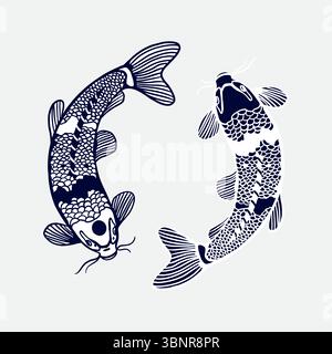 Koi-Fisch. Silhouette japanischer Karpfen in grafischem Schwarz-weiß-Stil. Handgezeichnete Vektorgrafik. Für Reisekarten, Einladungen, Banner, poste Stock Vektor