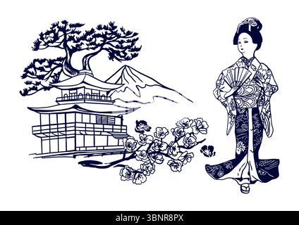 Sakura-Zweig, japanische Kiefer, Haus, Berg, Mädchen. Silhouetten traditioneller Symbole in grafischem Schwarz-weiß-Stil. Handgezeichnete Vektorillustraten Stock Vektor