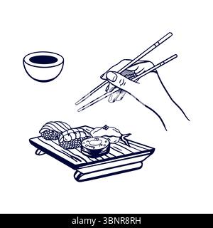 Sushi-Set auf Holzbrett, Essstäbchen in der Hand, Soße. Handgezeichnete Vektor-Illustration der japanischen Küche im grafischen Stil. Für das Design-Menü Stock Vektor
