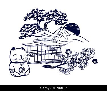 Sakura-Zweig, japanische Kiefer, Haus, Berg, Katzenstatue. Silhouetten traditioneller Symbole im grafischen Stil. Handgezeichnete Vektorgrafik. Postca Stock Vektor