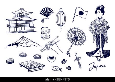 Japanisches Set. Mädchen in Kimono, Laterne, Gebäude, Berg, Sushi, Regenschirm, Ventilator, Flagge. Handgezeichnete Vektorillustration im grafischen Stil. Für Touristen po Stock Vektor